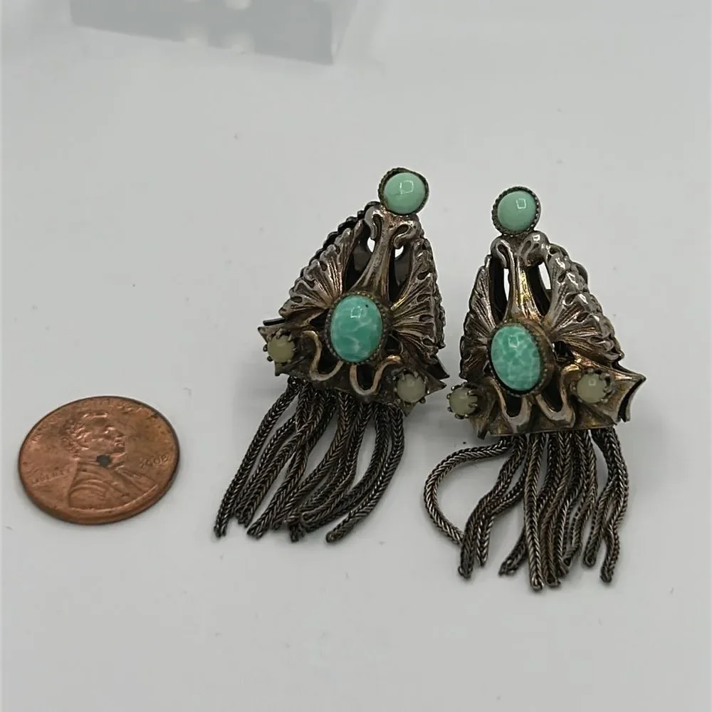 Vintage Art Deco Green and Silver Clip-on Earrings